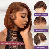 13x4 Lace Frontal Wig Short Bob Wig Chocolate Brown #4 Transparent HD Lace Front Wigs Pre Plucked Human Hair Short Straight Wigs