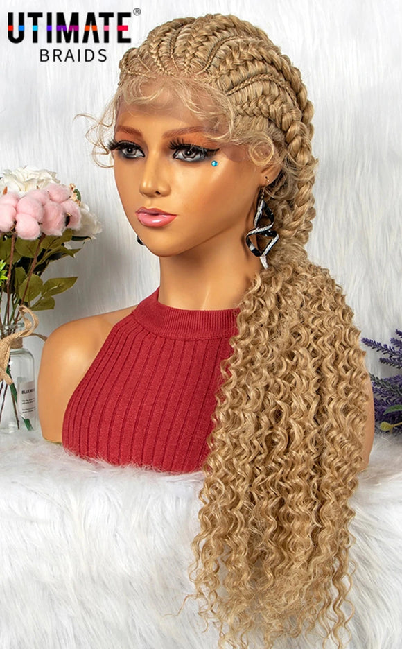 Synthetic Blonde Ponytail Braided Wig with Baby for Women Cornrow Braids Wig with Curly Lace Front Braiding Wig