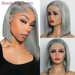 Grey Color Short Straight Bob Wig 180% Density 13×6 Lace Front Human Hair Wigs HD Transparent Brazilian Remy Glueless Bob Wig