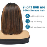 Brown Highlight Put On 100% Human Hair and Go Realistic Yaki Straight Short Bob with Bangs Minimalist 3X1 Lace Wig For Women