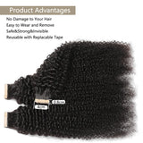 Kinky Curly Tape in Hair Extensions Human Hair Natural Black #1B Invisible PU Skin Weft for Women Seamless Full Head Hair