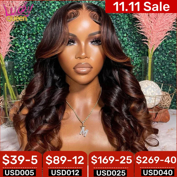 Ombre Dark Ginger Brown Body Wave Transparent Lace 13X4 Front Wig for Women 13X6 Frontal Colorful Human Hair Wig Pre Plucked