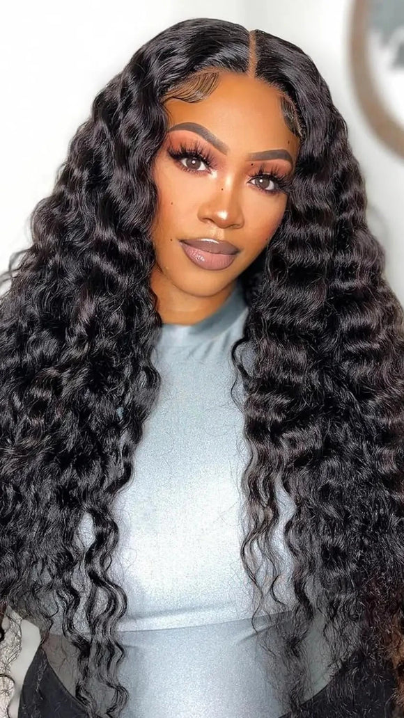 Deep Wave 180% Density Pre-Plucked Free Part HD Transparent 13*4 Lace Frontal Brazilian Virgin Human Hair Wigs For Woman