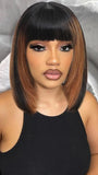 Brown Highlight Put On 100% Human Hair and Go Realistic Yaki Straight Short Bob with Bangs Minimalist 3X1 Lace Wig For Women