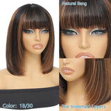 Brown Highlight Put On 100% Human Hair and Go Realistic Yaki Straight Short Bob with Bangs Minimalist 3X1 Lace Wig For Women