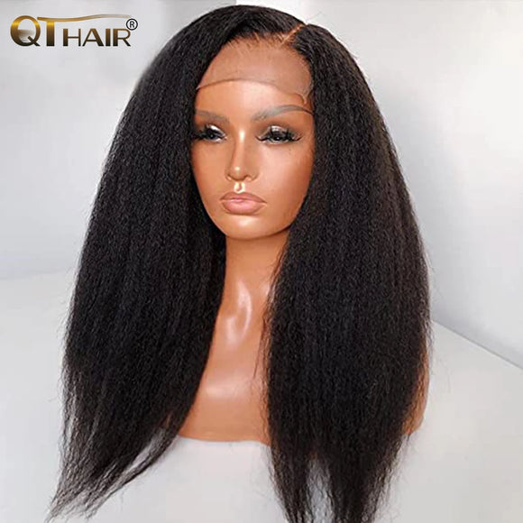 QT Italian Yaki Lace Front Wigs Human Hair 13x4 Kinky Straight Lace Front Wigs for Women Transparent Lace Frontal Wig 180%