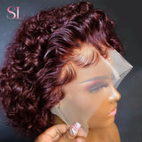 Pixie Cut Wig 99J Color Lace Wig Spring curl Short Bob Human Hair Wig For Women