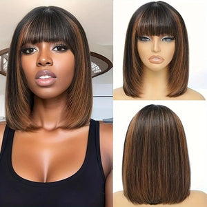 Brown Highlight Put On 100% Human Hair and Go Realistic Yaki Straight Short Bob with Bangs Minimalist 3X1 Lace Wig For Women